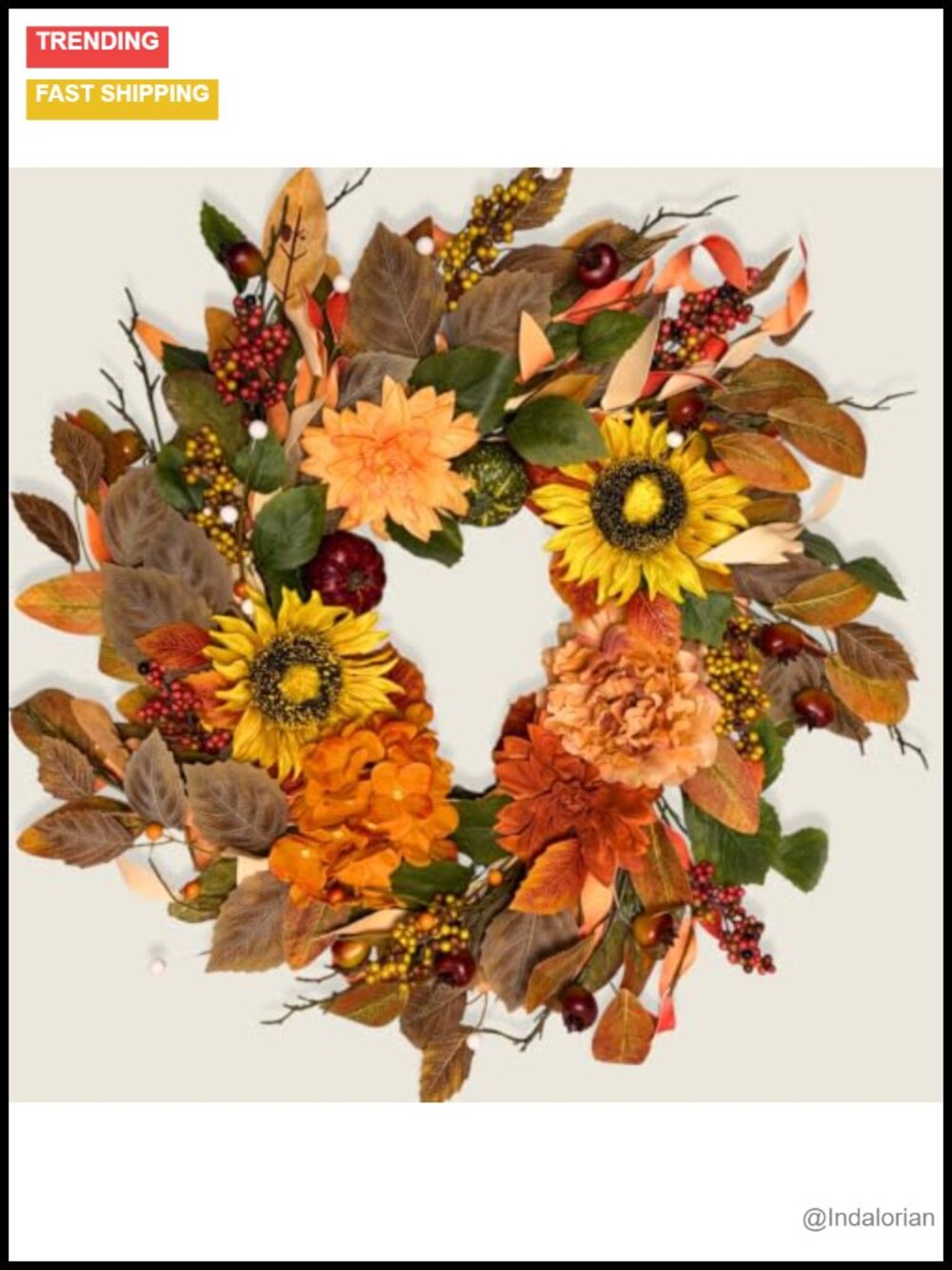 24 Inch Fall Wreath Sunflower Pumpkin Berry Autumn Front Door Decor